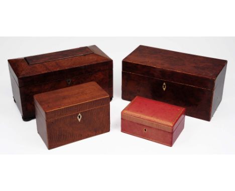 A 19th Century burr yew tea caddy 30cm, another bow tea caddy 30cm, a leather jewellery box and one other mahogany workbox (4