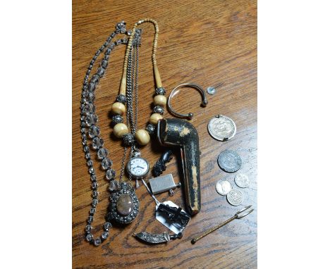A small quantity of miscellaneous jewellery etc including a cased pipe with 9ct gold mount, a pocket watch, a jet cross, a ba