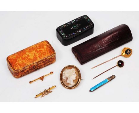 A small collection of miscellaneous jewellery including a fox mask stick pin, a Victorian stick pin of stylised form, a mothe