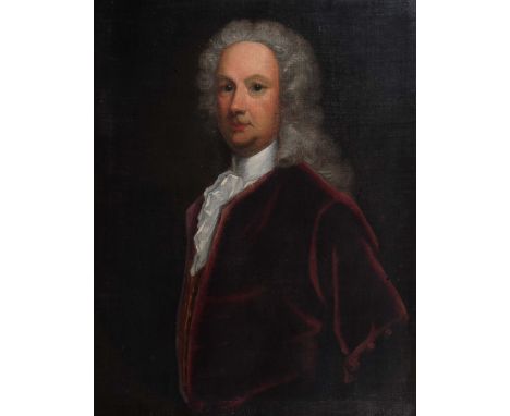 18th Century English School Half length portrait of a gentleman in red jacket, oils on canvas, 72cm x 60cm