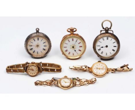 An 18ct gold continental fob watch with white ceramic dial and engraved decoration, two continental white metal pocket watche