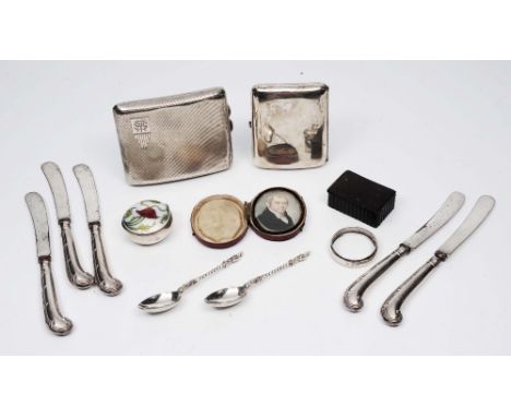 Two silver cigarette cases 205 grams, together with a silver and enamel box, five silver handled knives with pistol grip hand