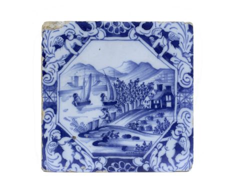 A Delft blue and white tile mid 18th Century Liverpool, decorated with seascape surrounded by a border of cherubs, 13cm squar