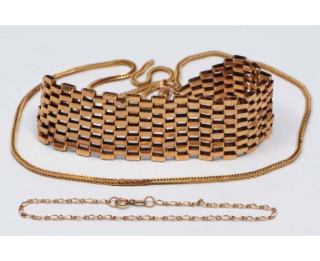 A 9ct gold gate-link bracelet with padlock clasp 16.3 grams, together with two 9ct gold chains, 6.8 grams