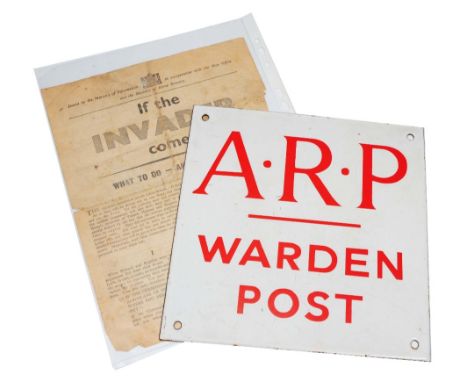An ARP Warden Post sign enamel from Pinvin Worcestershire, 23cm square