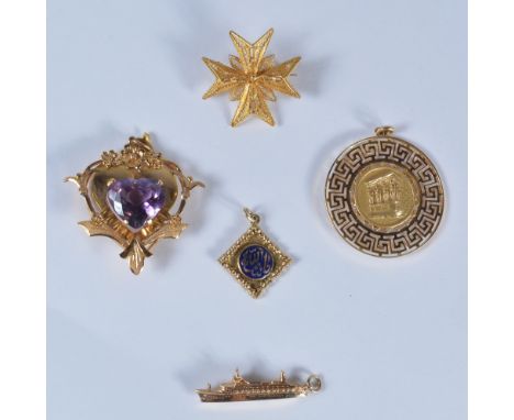 A collection of jewellery comprising an amethyst set pendant with floral border, a filigree Maltese cross brooch, a 9ct gold 