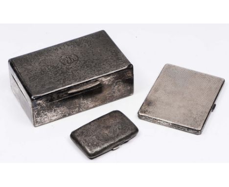 A silver cigarette box of plain form (monogrammed) together with a silver cigarette case with engine turned decoration and a 