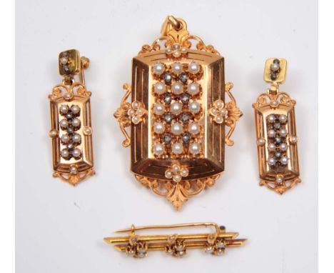 A suite of seed pearl mounted gilt jewellery including a pair of earrings, a bar brooch and a pendant