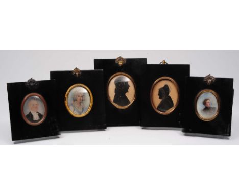 An early 19th Century oval miniature portrait of a lady two silhouettes and two other miniatures (5)
