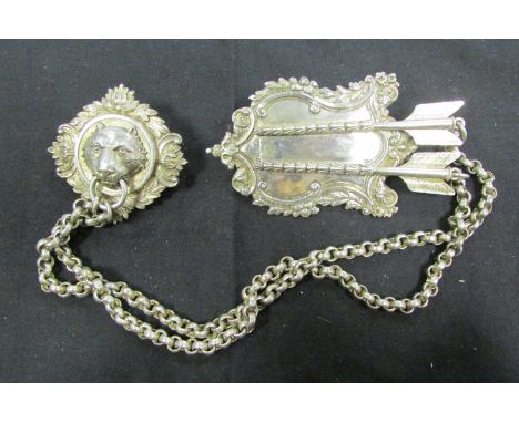 Cross belt plate silver Arrows and plaque (hallmarked Birmingham 1911 ? date letter hard to read), with chain and lions head