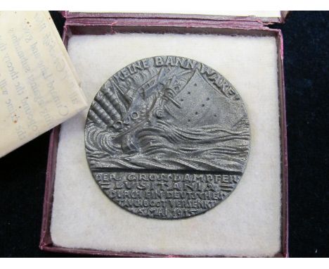 RMS Lusitania Medal in its original box of issue with original 'Please Do Not Destroy this, A German Naval Victory' leaflet