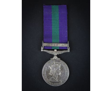 GSM QE2 with Malaya clasp to 23277801 Pte K T McKay Loyals. GVF