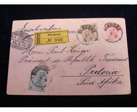 Boer War postal history sent to President Paul Kruger Pretoria Transvaal, postcard with Austria postmarks Bludenz 17 April 19