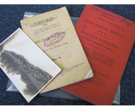 WW1 1914 field service manual with booklet notes from the front 7th kings Liverpool regt 26 Jan 1915 with group post card rel