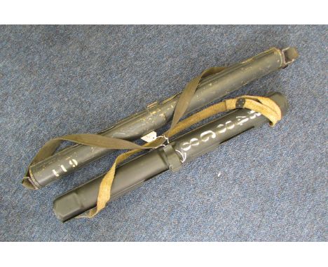 Militaria: A pair of cylindrical (U.S. ?) Army carrying cases with shoulder straps. Possibly for transporting RPGs or single 
