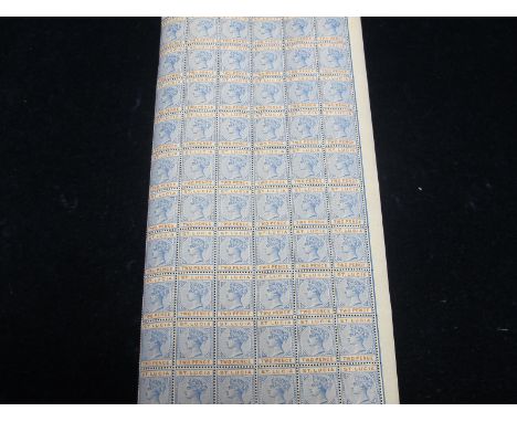 St Lucia QV 2d SG.45 in pane of 60 with Plate 3 in margin at top and bottom, light crease through 8th row, defects to top and