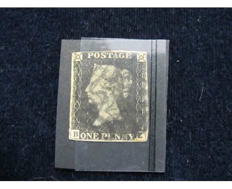 GB 1840 1d Penny Black (B-K) identified as Plate 4, 4 margins, 2 tiny pinpricks, also 2 tiny thins at right edge, no tears, b