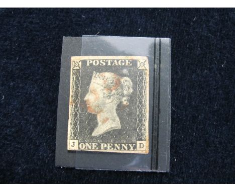 GB 1840 1d Penny Black (J-D) identified as Plate 4, 4 margins. no tears or thins, very light crease lower- left, red MX, some
