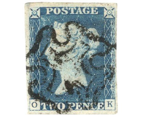 GB - 1840 twopence blue Plate 1 (O-K) var.d (shifted transfer, upper border) four good margins, no faults, fine used, cat £95