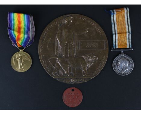 BWM & Victory Medal + Death Plaque and ID Tag to 10326 Pte William Cousins Durham L.I. Killed in Action as 270113 with the 18