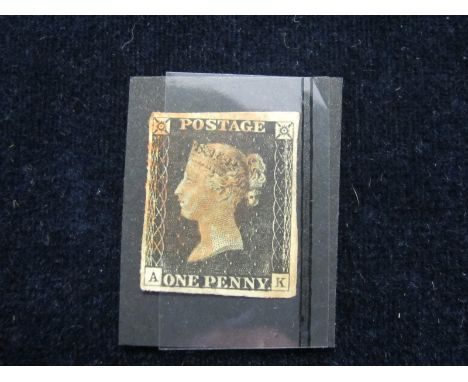 GB 1840 1d Penny Black (A-K) identified as Plate 2, 4 margins, red MX.