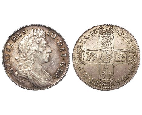 Halfcrown 1698 Decimo, S.3494, nEF, light carbon speckles.