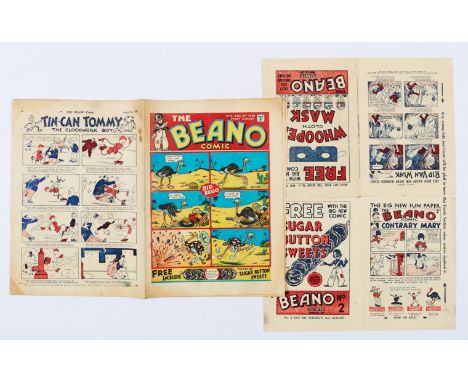 Beano Comic No 2 (1938). With Beano No 1 and No 2 Flyer 8 pg Mini Comic. Bright cover with some creasing by spine, four centr