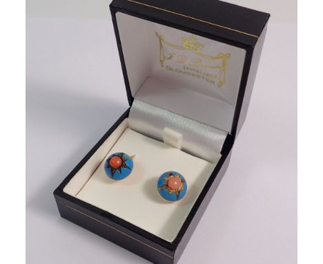 A pair of turquoise enamel coral and chip diamond earrings, 1cm diameter 