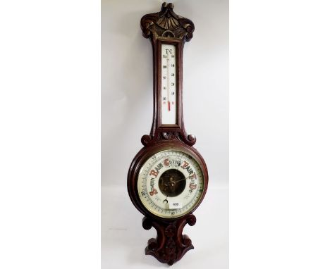 A late 19th century oak aneroid barometer/thermometer, 80cm 