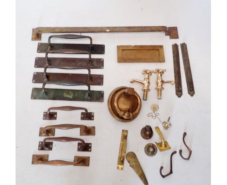 A box of old brass and metal door furniture including handles, large brass door knocker (17cm diameter), locks etc 