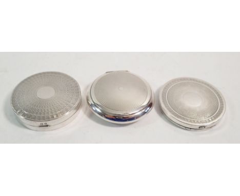 Three silver small circular engine turned compacts: Birmingham 1930 Hasset &amp; Harper, Birmingham 1929 A L Davenport, Birmi