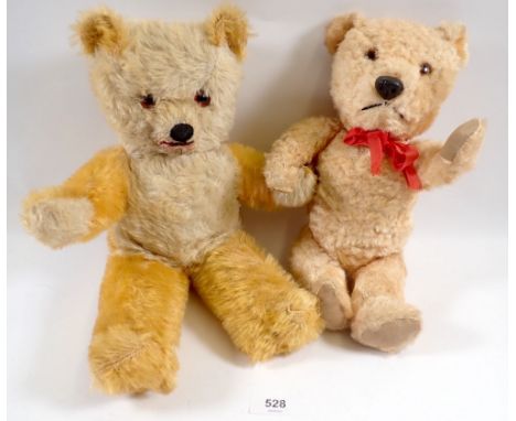 A vintage Chiltern apricot teddy bear, 35cm tall and an American 'Feed Me' teddy bear32cm tall, both circa 1950's/1960's 
