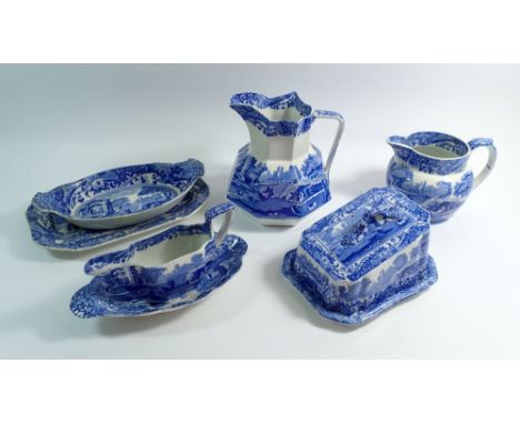 A group of Spode Italian comprising two large jugs, butter dish, sauce boat and three small serving dishes 