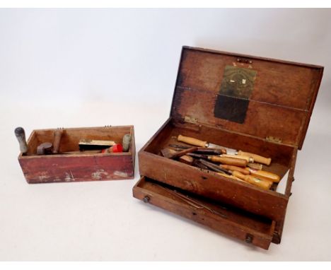 A Victorian 'Gentleman's' carry tool chest by Brookes &amp; Sons with handles and drawer under plus contents of carving chise