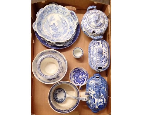 A box of 19th century blue and white china  including Spode 