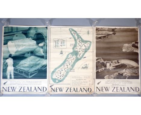Three vintage New Zealand advertising posters showing map of North &amp; South Islands, Karapiro Hydro Electric Station and l