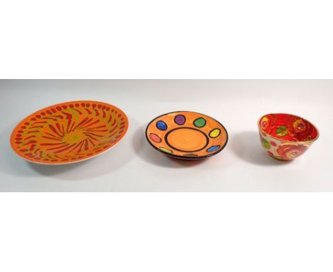 A Poole Aegean dish 27cm diameter and two studio pottery bowls including 'Reckless' by Mary Rose 