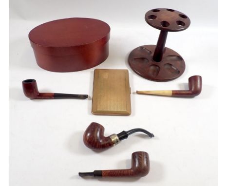 A pipe stand and pipes, cigarette case etc. 
