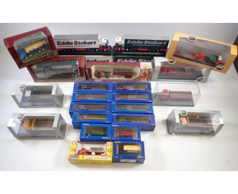 A box of various die cast trucks including Oxford, Gilbow, Classix by Pocketbond, Base Toys and Atlas Editions 1:76 scale Oxf