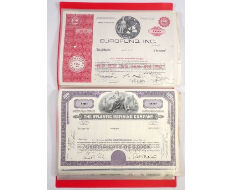 A collection of share certificates including Railroad and Salt manufacturing examples plus various banknotes 