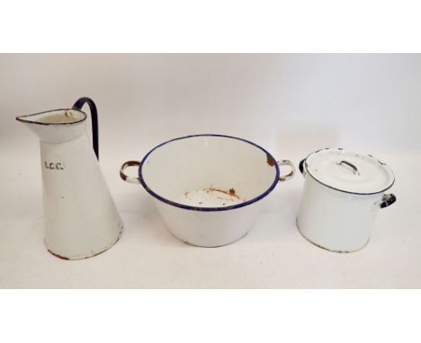 A vintage metal and enamel group including jug, bowl and flour bin, jug 38cm tall 