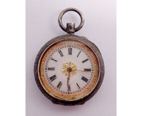 A 19th century continental 935 silver fob watch with floral enamel inlaid decoration to back 