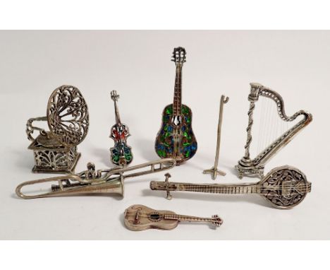 A collection of eight Italian novelty miniatures with musical theme including harp, trombone, gramophone, 130g 