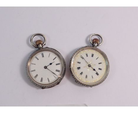 Two silver keyless fob watches with enamel dials 925 and 935 