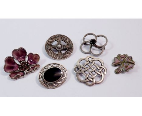 Six various silver brooches including Celtic, shell and enamel 