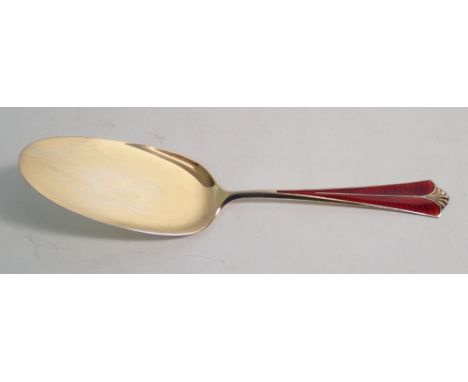 A Norwegian David Andersen silver gilt and red enamel cake slice, 20cm long 