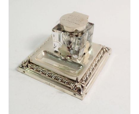 A silver and glass inkwell engraved presentation, 9 x 9cm, Birmingham 1903 by Samuel M Levi 