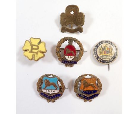 Three Wembley 1924 enamel badges, Primrose League badge etc. 