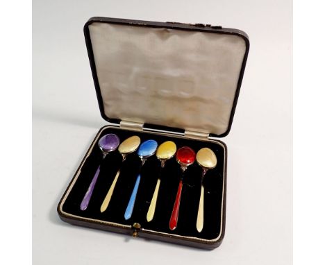 A matched set of six harlequin enamel teaspoons, boxed, circa 1920's 