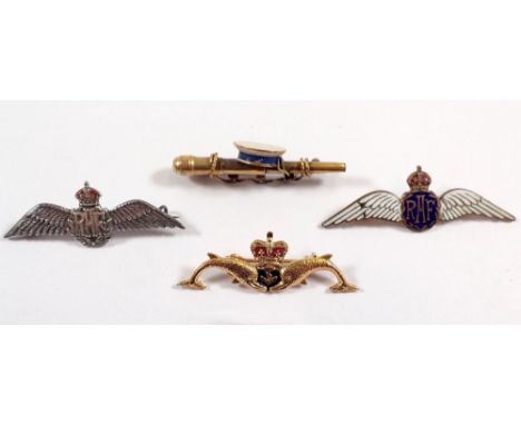 An unusual naval sweetheart brooch with sailors cap and cannon, a submarine brooch, silver RAF brooch and enamel RA brooch 